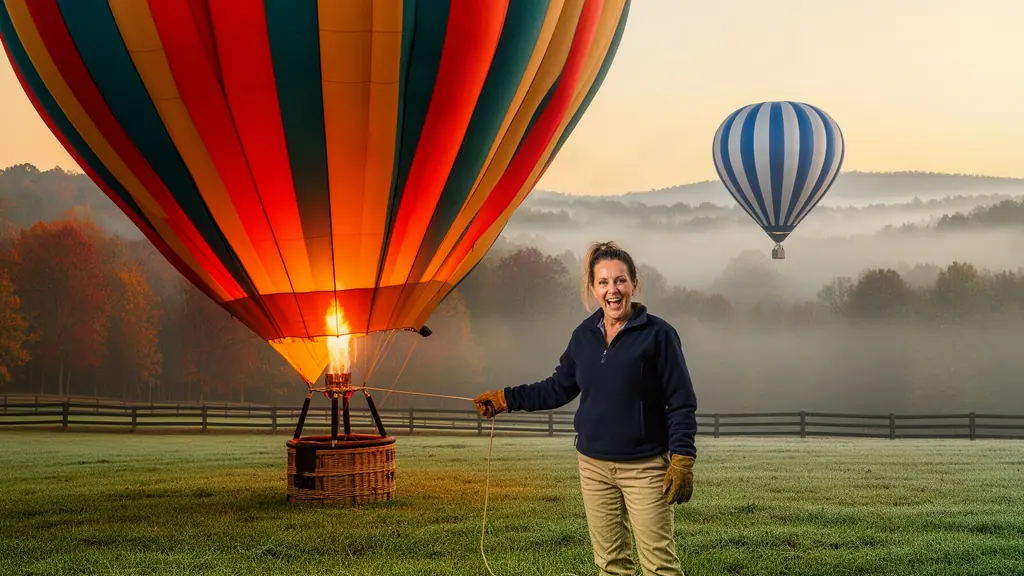 A balloon pilot holds a guide rope at dawn as a striped hot-air balloon inflates glowing beside her in a misty pasture.